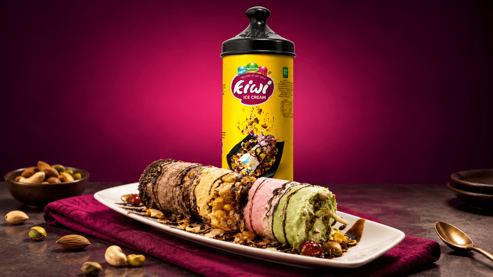 Kiwi Ice Cream Puttu with assorted flavors, nuts and chocolate drizzle