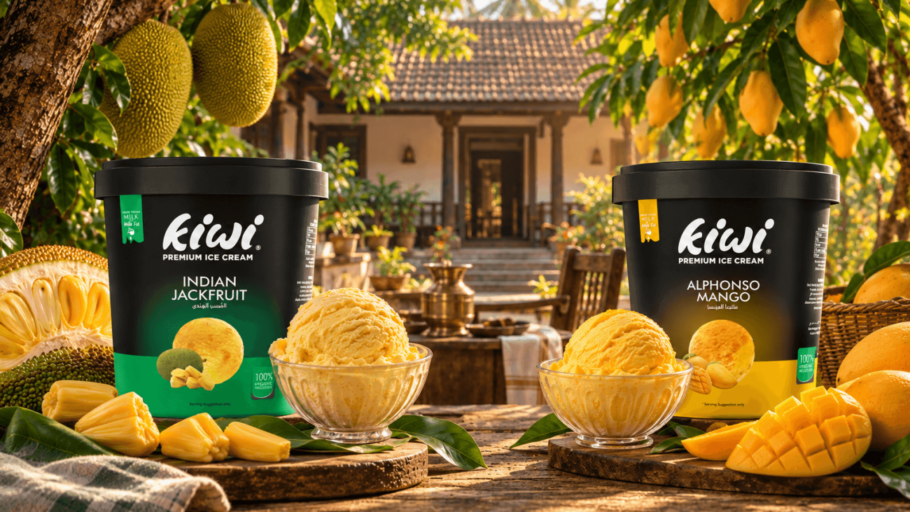 Kiwi Premium Ice Cream tubs of Indian Jackfruit and Alphonso Mango flavours, served in bowls with fresh jackfruit and mango, set on a wooden table in front of a traditional Kerala home.