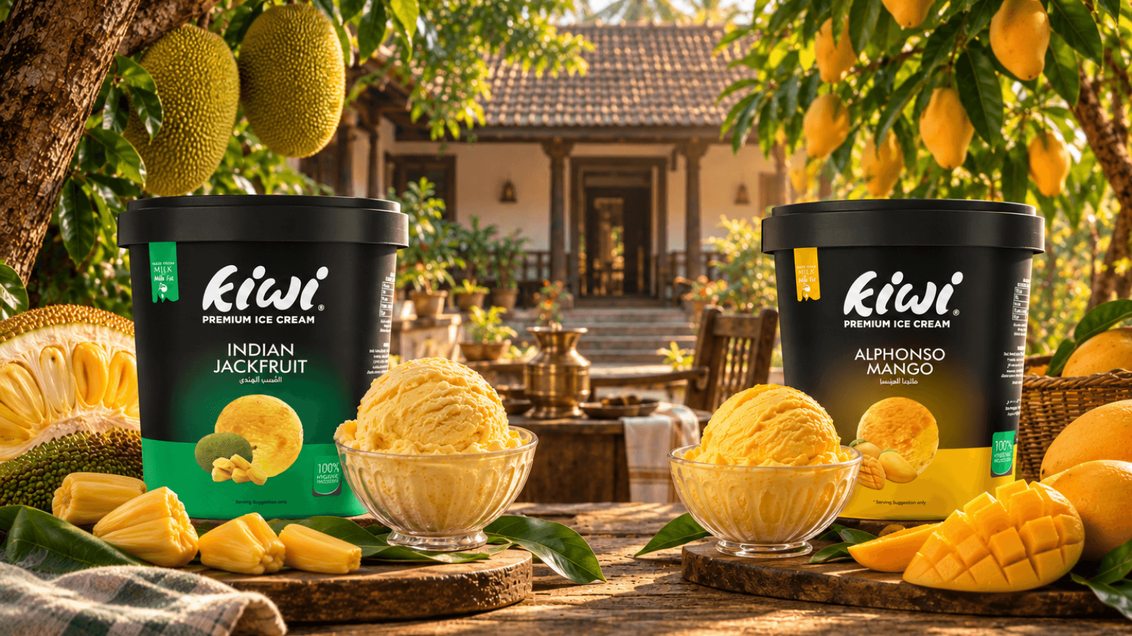 Kiwi Premium Ice Cream tubs of Indian Jackfruit and Alphonso Mango flavours, served in bowls with fresh jackfruit and mango, set on a wooden table in front of a traditional Kerala home.