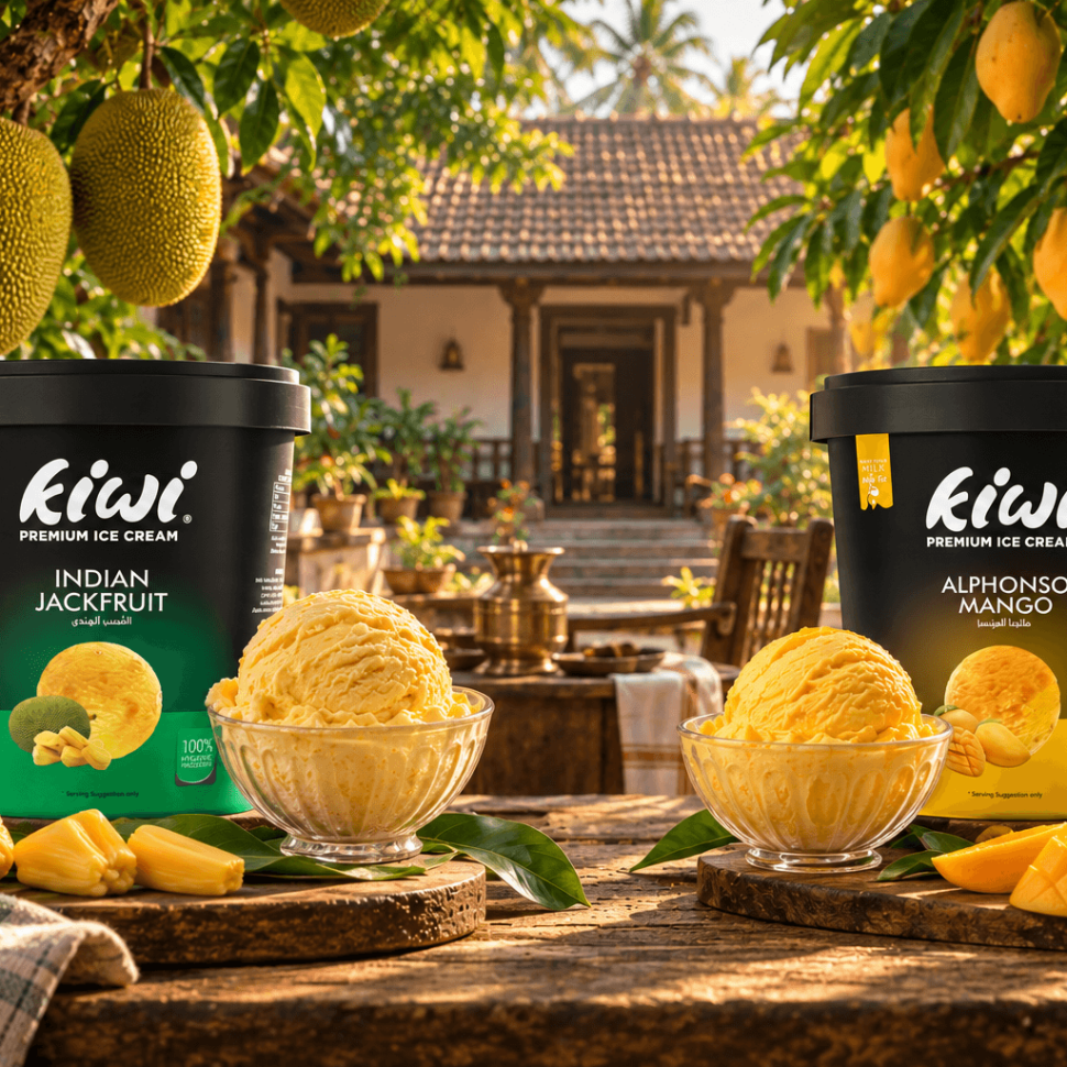 Kiwi Premium Ice Cream tubs of Indian Jackfruit and Alphonso Mango flavours, served in bowls with fresh jackfruit and mango, set on a wooden table in front of a traditional Kerala home.